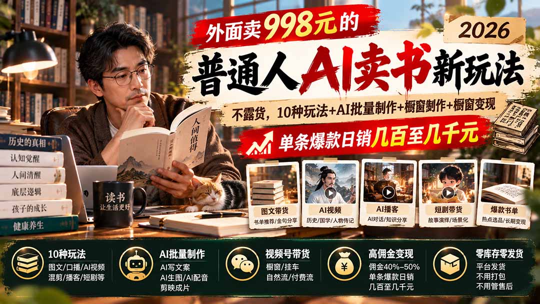外面卖998元的2026普通人AI卖书新玩法：不露脸、不囤货，10种玩法+AI批量制作+橱窗变现，单条爆款日销几百至几千元-禾谷轻创网