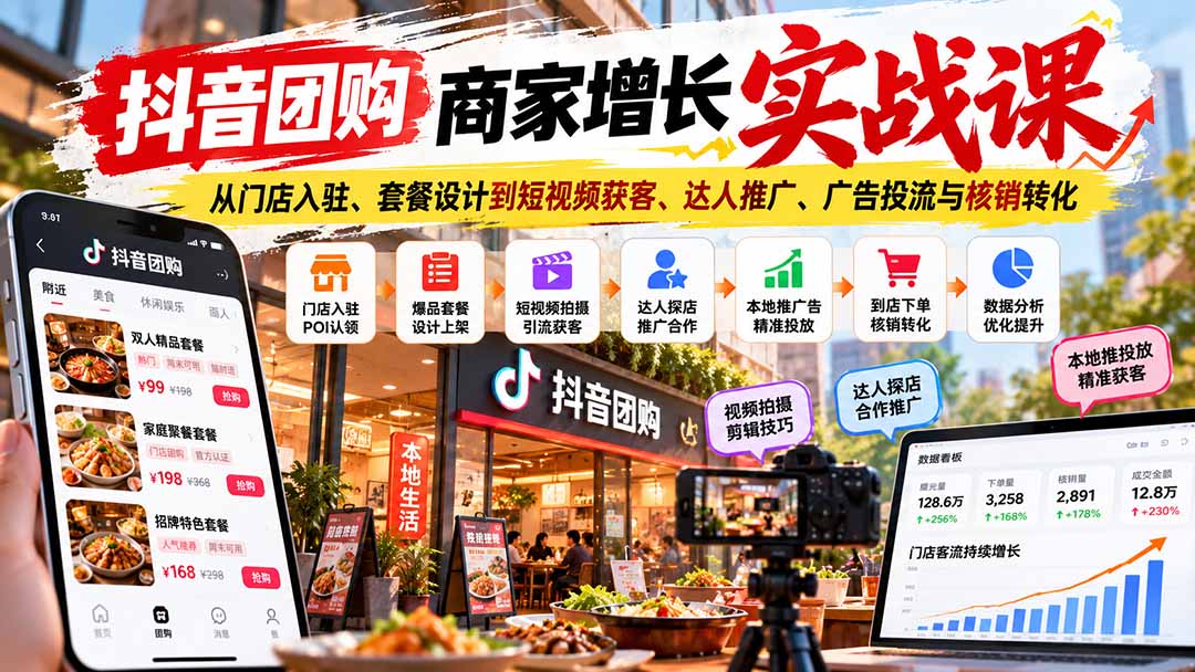 抖音团购商家增长实战课：从门店入驻、套餐设计到短视频获客、达人推广、广告投流与核销转化-禾谷轻创网