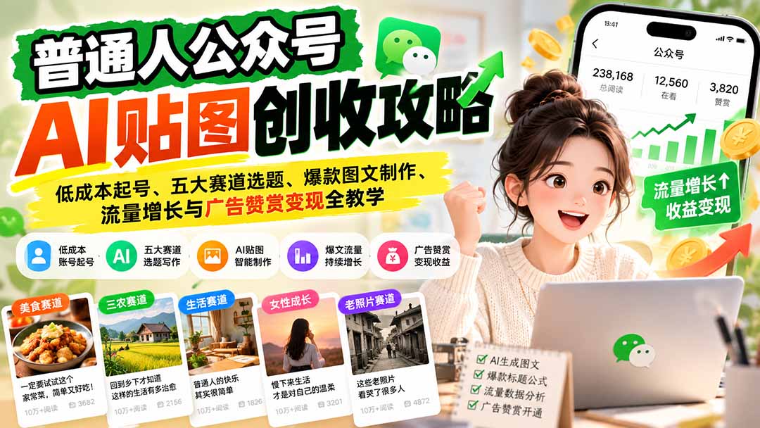普通人公众号AI贴图创收攻略：低成本起号、五大赛道选题、爆款图文制作、流量增长与广告赞赏变现全教学-禾谷轻创网