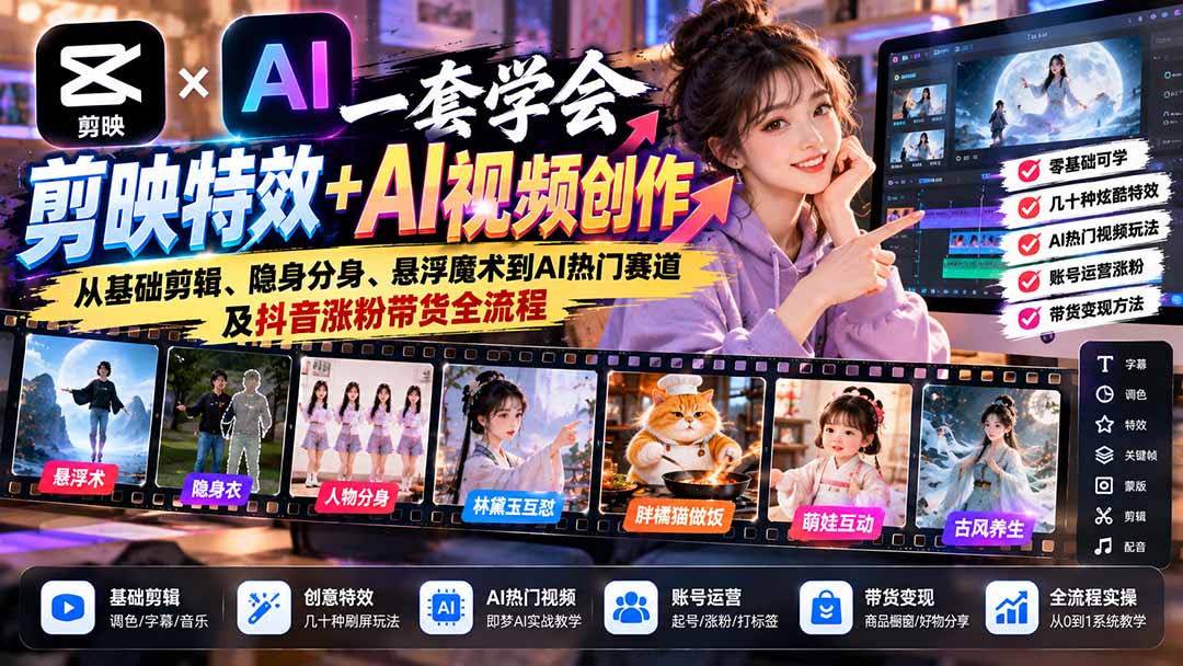 一套学会剪映特效+AI视频创作：从基础剪辑、隐身分身、悬浮魔术到AI热门赛道及抖音涨粉带货全流程-禾谷轻创网