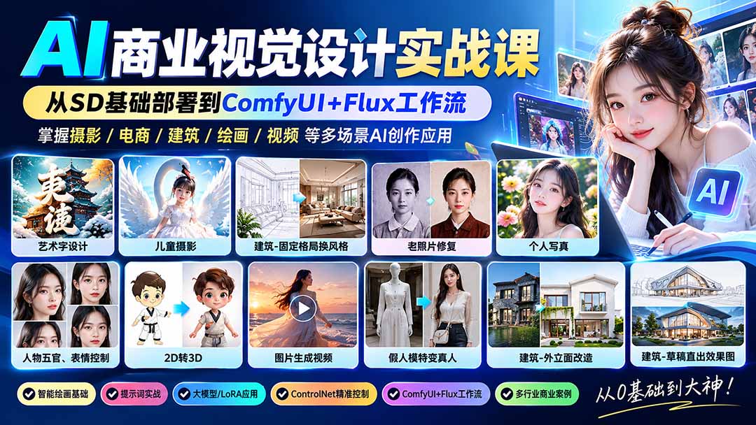【无水印】AI商业视觉设计实战课：从SD基础部署到ComfyUI+Flux工作流，掌握摄影电商建筑AI创作-禾谷轻创网