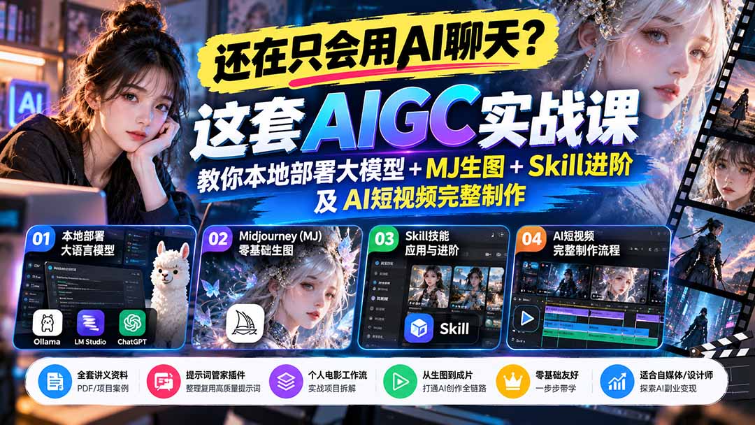 【无水印】还在只会用AI聊天？这套AIGC实战课教你本地部署大模型+MJ生图+Skill进阶及AI短视频完整制作-禾谷轻创网