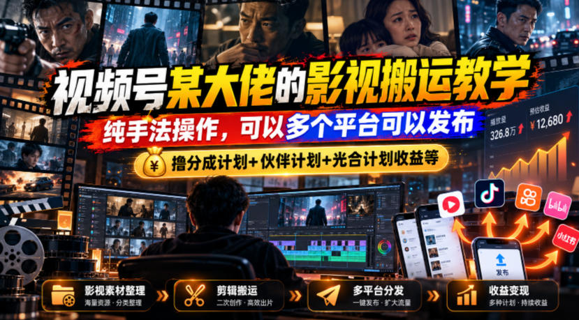 视频号某大佬的影视搬运教学，纯手法操作，可以多个平台可以发布，撸分成计划+伙伴计划+光合计划收益等-禾谷轻创网