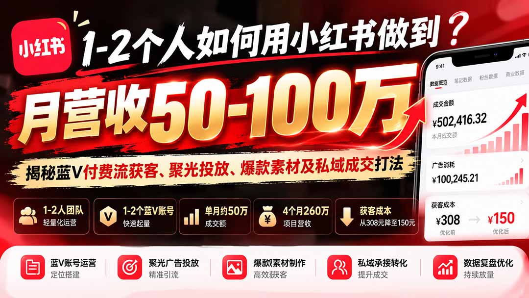1-2个人如何用小红书做到月营收50-100万？揭秘蓝V付费流获客、聚光投放、爆款素材及私域成交打法-禾谷轻创网