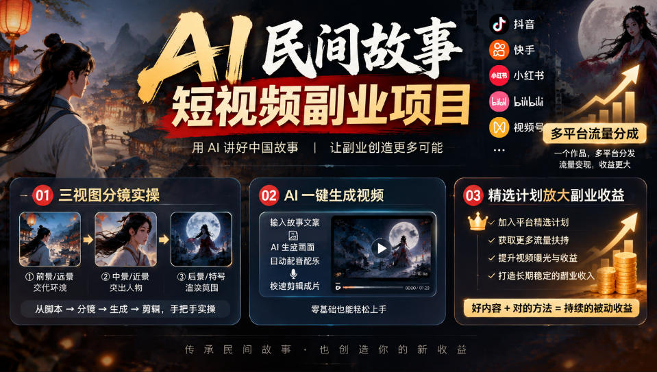 AI民间故事短视频副业项目，多平台流量分成，三视图分镜实操，精选计划放大副业收益-禾谷轻创网
