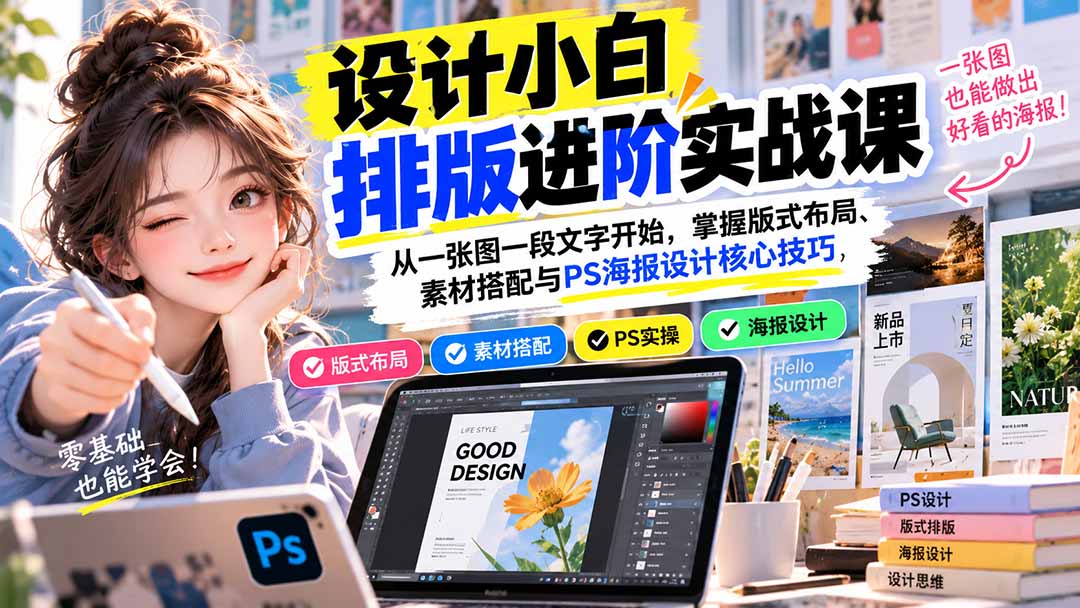 设计小白排版进阶实战课：从一张图一段文字开始，掌握版式布局、素材搭配与PS海报设计核心技巧-禾谷轻创网