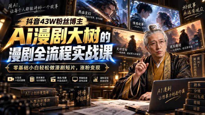抖音43W粉丝博主Ai漫剧大树的漫剧制作全流程实战课,零基础小白轻松做漫剧短片,涨粉变现(更新1027)-禾谷轻创网