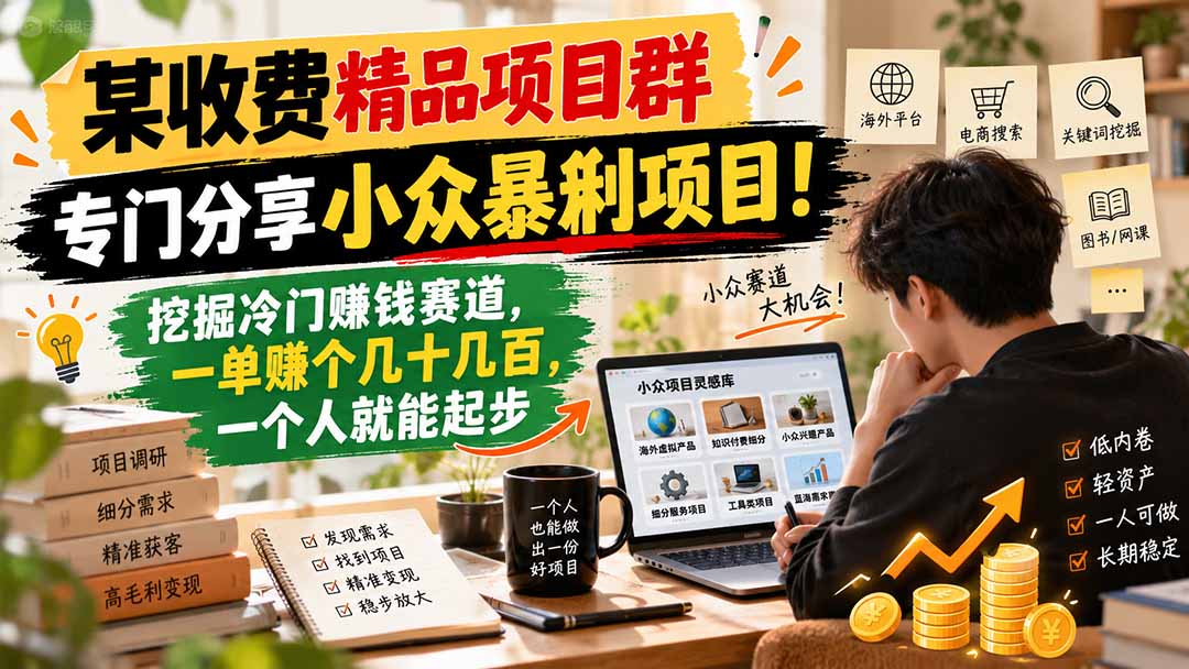 某收费精品项目群，专门分享小众暴俐项目！挖掘冷门赚钱赛道，一单赚个几十几百，一个人就能起步-禾谷轻创网