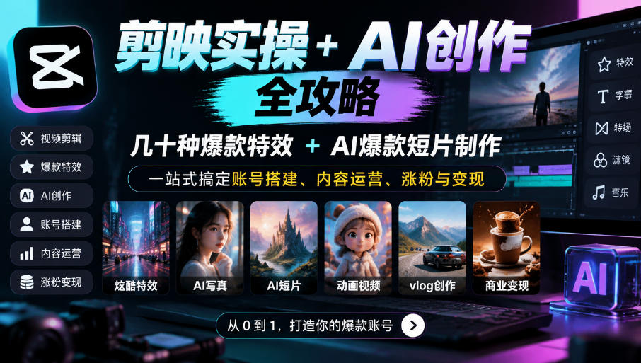 剪映实操+AI创作全攻略|几十种爆款特效+AI爆款短片制作,一站式搞定账号搭建、内容运营、涨粉与变现-禾谷轻创网