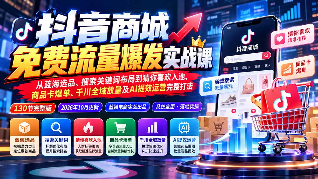 抖音商城免费流量爆发实战：从蓝海选品、搜索关键词布局到猜你喜欢入池、商品卡爆单、千川全域放量及AI提效完整打法-禾谷轻创网