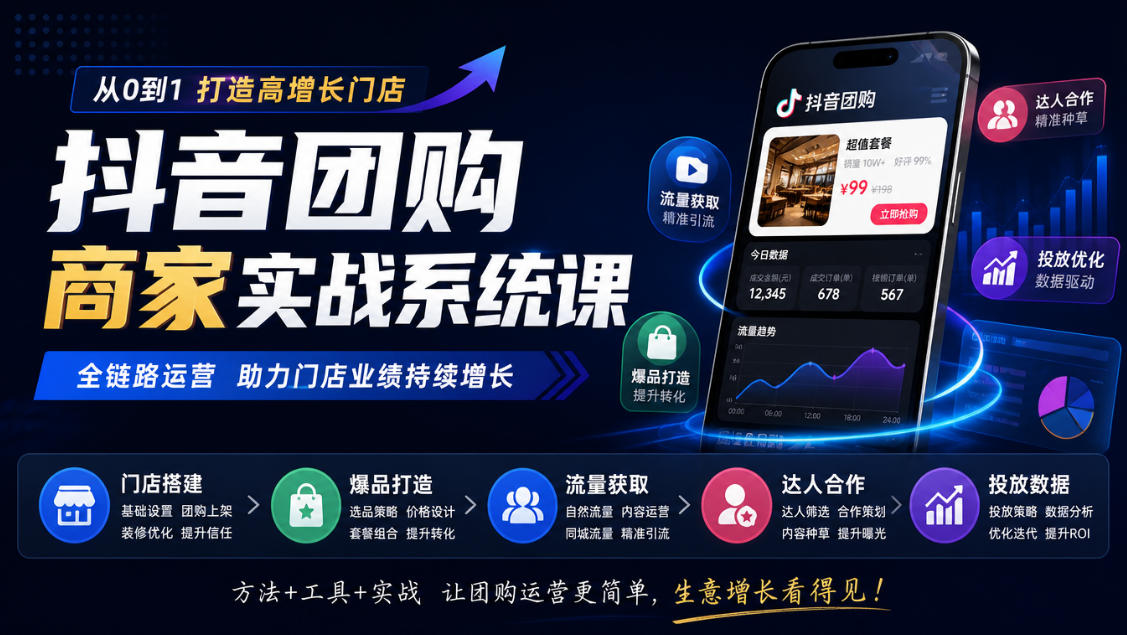 抖音团购商家实战系统课｜门店搭建、爆品打造、流量获取、达人合作、投放数据全链路运营-禾谷轻创网