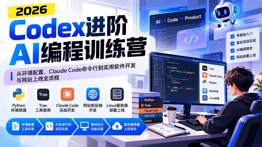 Codex进阶AI编程训练营：从环境配置、Claude Code命令行到实用软件开发与网站上线全流程-禾谷轻创网