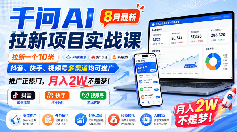 千问AI拉新项目实战课8月最新,拉新一个10米,抖音、快手、视频号多渠道均可推广,推广正热门,月入2W不是梦!(更新1020)-禾谷轻创网