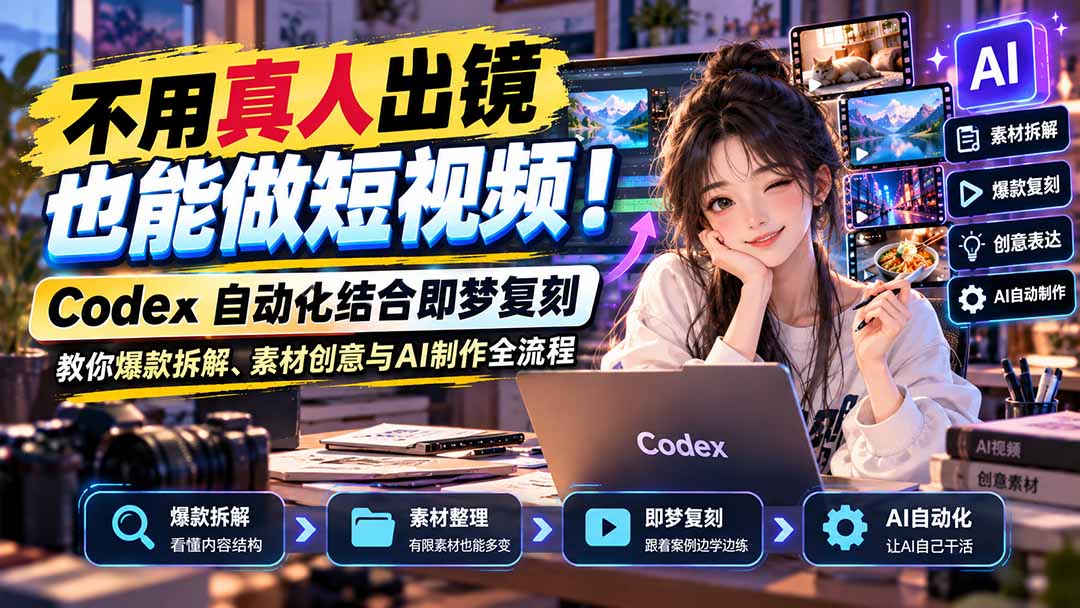 不用真人出镜也能做短视频！Codex自动化结合即梦复刻，教你爆款拆解、素材创意与AI制作全流程-禾谷轻创网