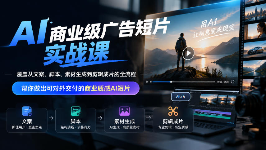 AI商业级广告短片实战课，覆盖从文案、脚本、素材生成到剪辑成片的全流程，帮你做出可对外交付的商业质感AI短片-禾谷轻创网