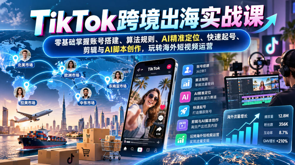 TikTok跨境出海实战课：零基础掌握账号搭建、算法规则、AI精准定位、快速起号、剪辑与AI脚本创作，玩转海外短视频运营-禾谷轻创网