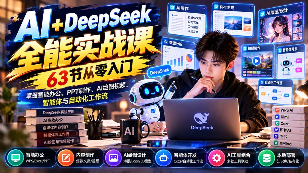 AI+DeepSeek全能实战课:63节从零入门,掌握智能办公、PPT制作、AI绘图视频、智能体与自动化工作流-禾谷轻创网