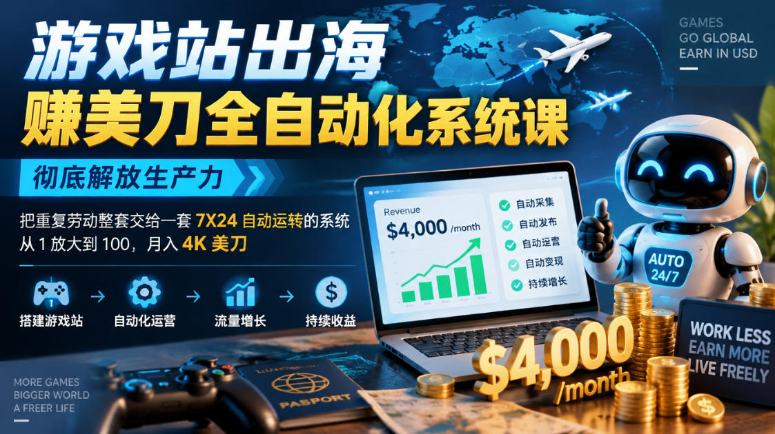 游戏站出海賺美刀全自动化系统课，彻底解放生产力–把重复劳动整套交给一套7X24自动运转的系统，从1放大到100，月入4K美刀-禾谷轻创网