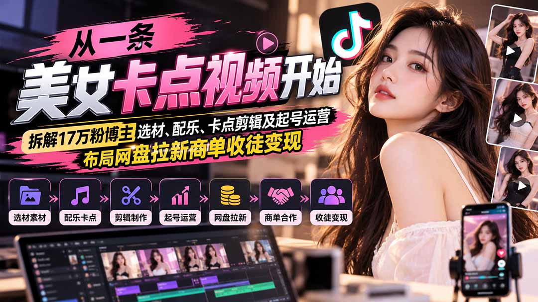 从一条美女卡点视频开始：拆解17万粉博主选材、配乐、卡点剪辑及起号运营，布局网盘拉新商单收徒变现-禾谷轻创网