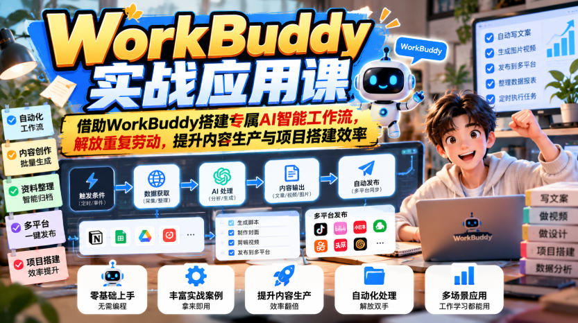 WorkBuddy实战应用课,借助WorkBuddy搭建专属AI智能工作流,解放重复劳动,提升内容生产与项目搭建效率-禾谷轻创网