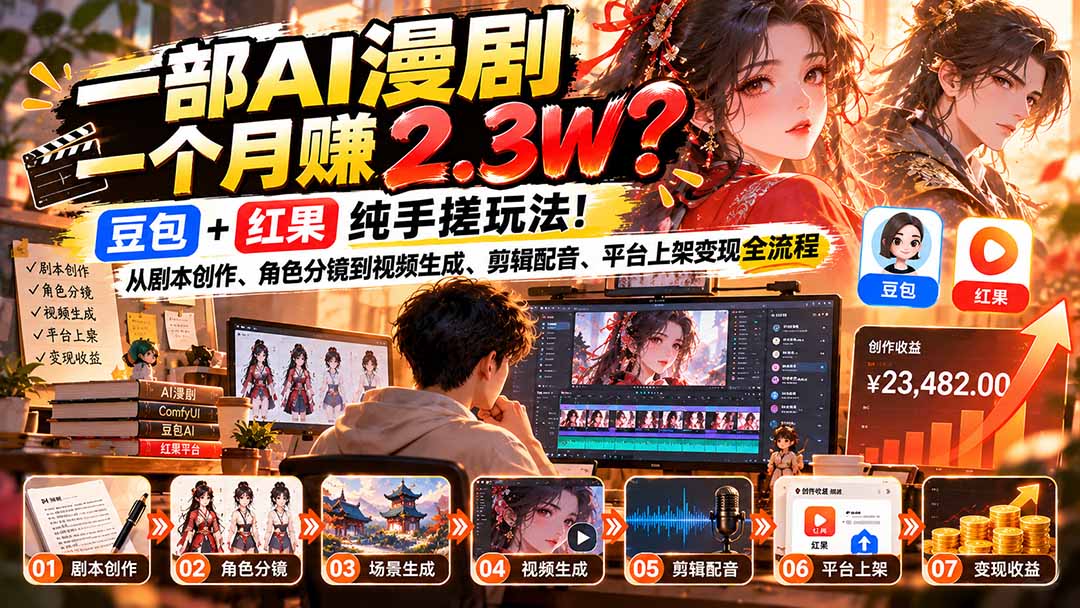 一部AI漫剧一个月赚2.3W?豆包+红果纯手搓玩法!从剧本创作、角色分镜到视频生成、剪辑配音、平台上架变现全流程-禾谷轻创网