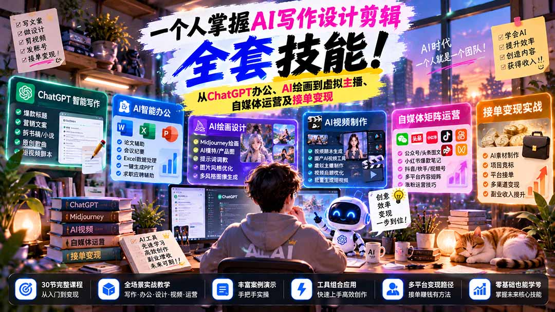 一个人掌握AI写作设计剪辑全套技能：从ChatGPT办公、AI绘画到虚拟主播、自媒体运营及接单变现-禾谷轻创网