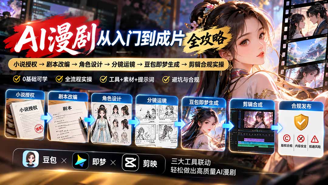 AI漫剧从入门到成片全攻略-更新1017：小说授权→剧本改编→角色设计→分镜运镜→豆包即梦生成→剪辑合规实操-禾谷轻创网