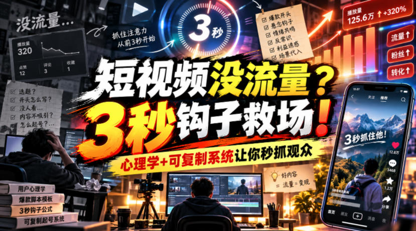 【无水印】短视频没流量?3秒钩子救场!心理学+可复制系统让你秒抓观众【原创双语字幕】-禾谷轻创网