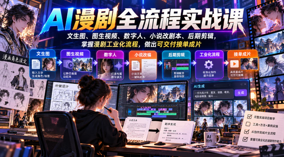 AI漫剧全流程实战课,文生图、图生视频、数字人、小说改剧本、后期剪辑,掌握漫剧工业化流程,做出可交付接单成片-禾谷轻创网