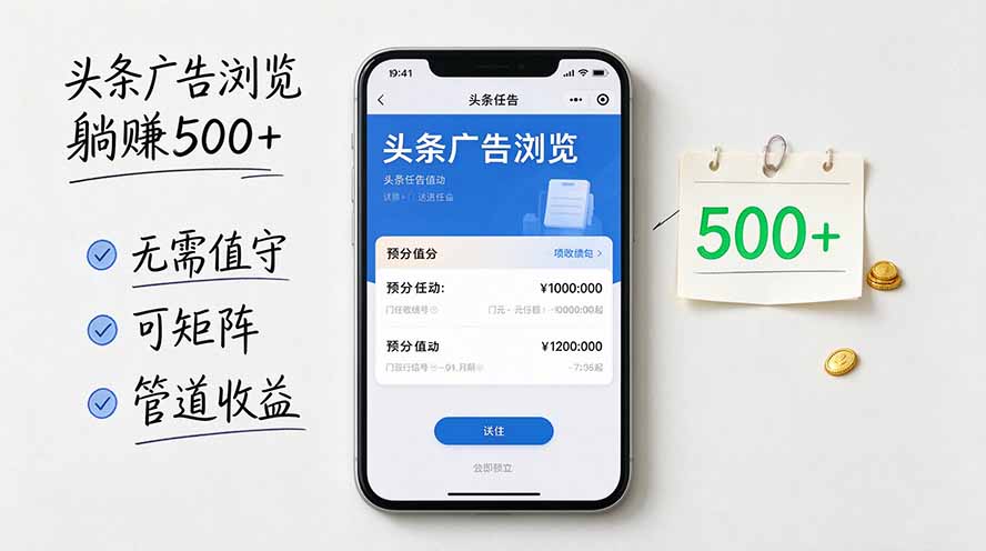 头条广告浏览躺赚500+无需值守，可矩阵并附有管道收益-禾谷轻创网