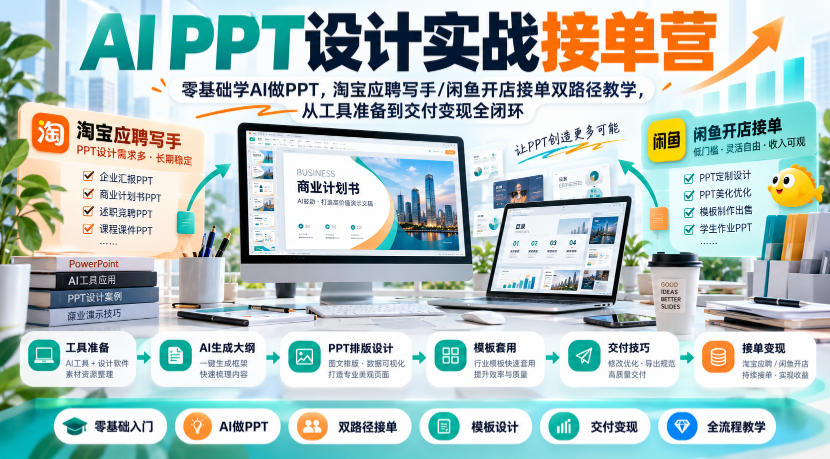 AI PPT设计实战接单营｜零基础学AI做PPT，淘宝应聘写手/闲鱼开店接单双路径教学，从工具准备到交付变现全闭环-禾谷轻创网