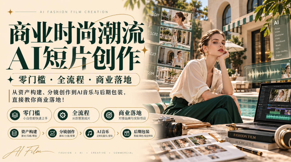 商业时尚潮流AI短片创作|零门槛・全流程・商业落地,从资产构建、分镜创作到AI音乐与后期包装,直接教你商业落地!-禾谷轻创网