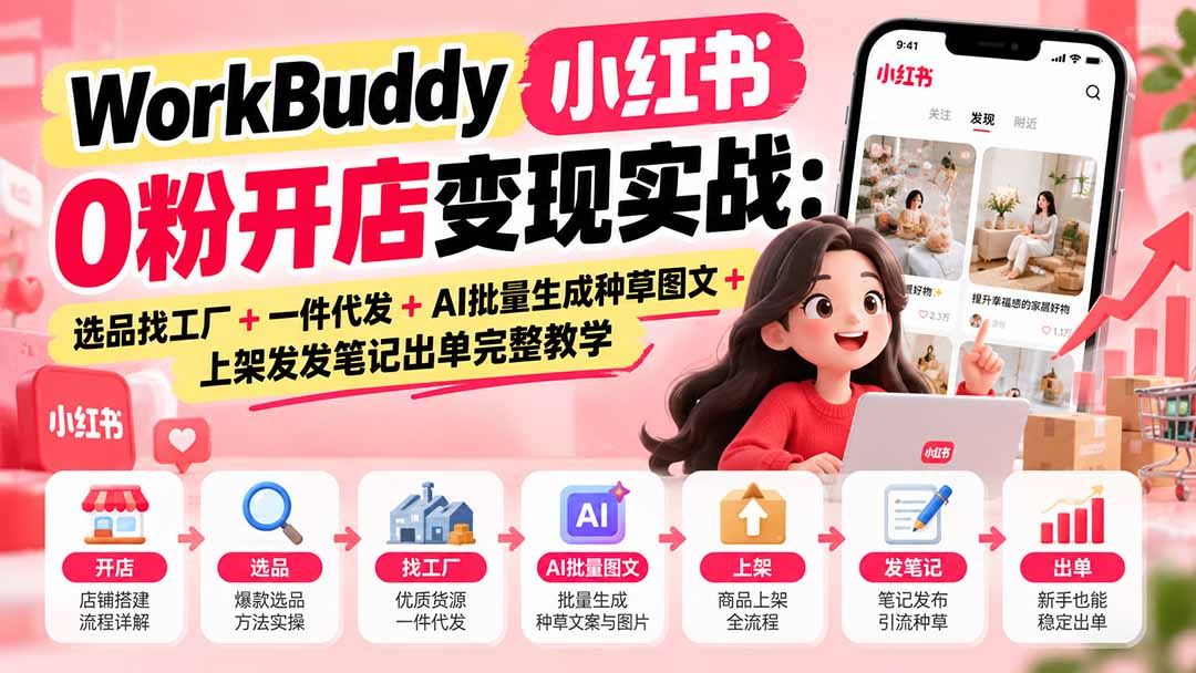 WorkBuddy小红书0粉开店变现实战：选品找工厂+一件代发+AI批量生成种草图文+上架发发笔记出单完整教学-禾谷轻创网