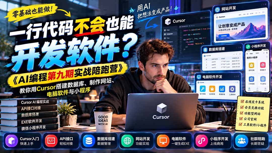 一行代码不会也能开发软件?《AI编程第九期实战陪跑营》教你用Cursor搭建数据库、制作网站、电脑软件与小程序-禾谷轻创网