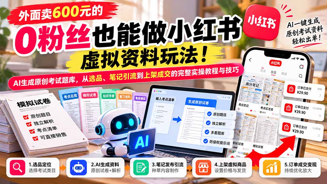 外面卖600元的 零粉丝也能做小红书虚拟资料玩法！AI生成原创考试题库，从选品、笔记引流到上架成交的完整实操教程-禾谷轻创网
