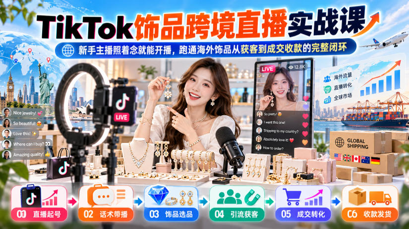 TikTok饰品跨境直播实战课，新手主播照着念就能开播，跑通海外饰品从获客到成交收款的完整闭环-禾谷轻创网