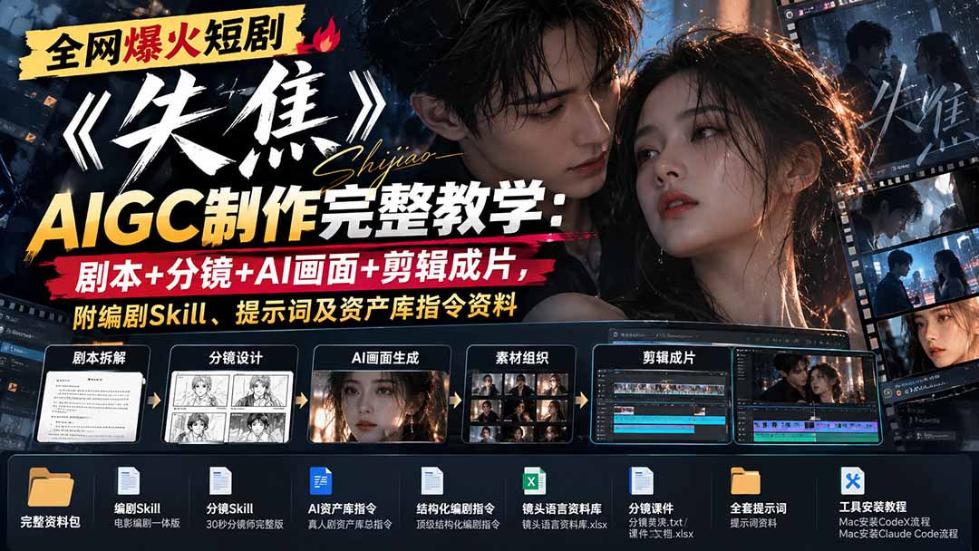 全网爆火短剧《失焦》AIGC制作完整教学：剧本+分镜+AI画面+剪辑成片，附编剧Skill、提示词及资产库指令资料-禾谷轻创网