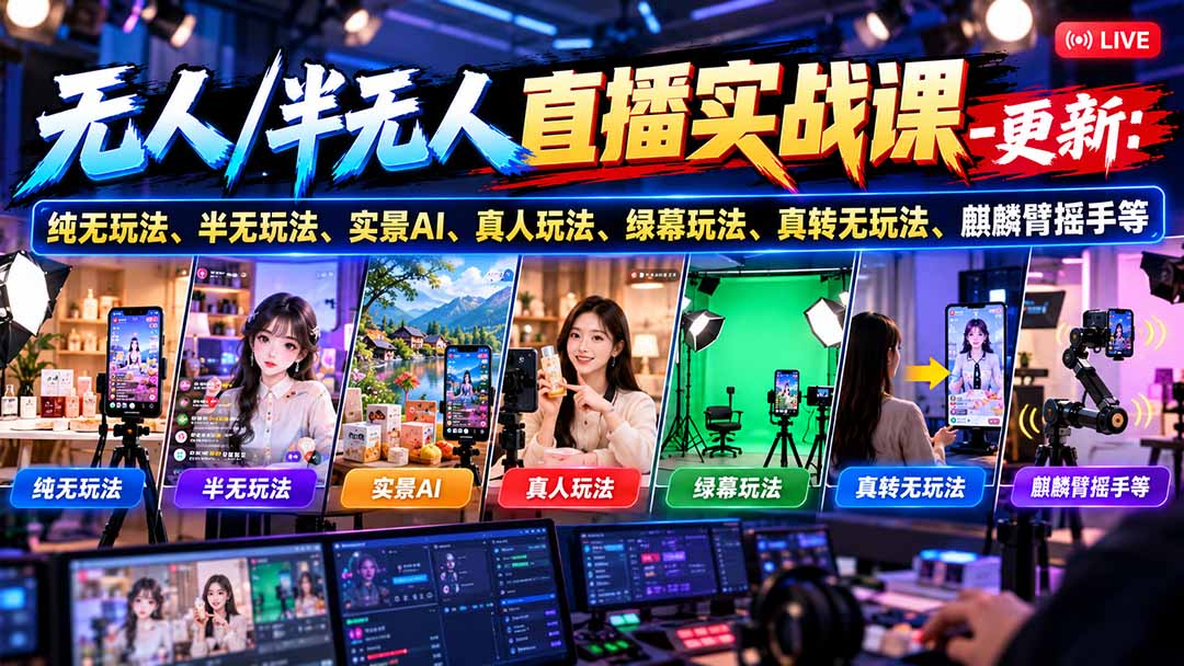 无人/半无人直播实战课-10月20更新：纯无玩法、半无玩法、实景AI、真人玩法、绿幕玩法、真转无玩法、麒麟臂摇手等-禾谷轻创网