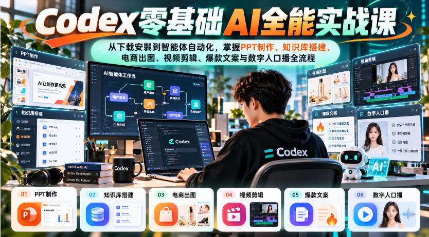 Codex零基础AI全能实战课：从下载安装到智能体自动化，掌握知识库搭建、电商出图、视频剪辑、爆款文案与数字人口播全流程-禾谷轻创网