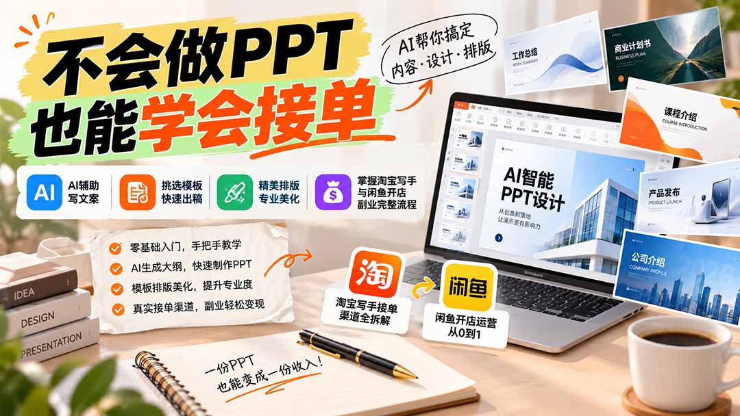 不会做PPT也能学会接单：AI辅助写文案、挑模板、做排版，掌握淘宝写手与闲鱼开店副业完整流程-禾谷轻创网