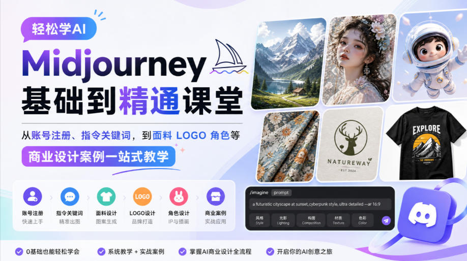 轻松学AI Midjourney基础到精通课堂，从账号注册、指令关键词，到面料LOGO角色等商业设计案例一站式教学-禾谷轻创网