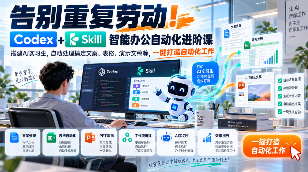 告别重复劳动！Codex+Skill智能办公自动化进阶课｜搭建AI实习生，自动处理搞定文案、表格、演示文稿等，一键打造自动化工作-禾谷轻创网