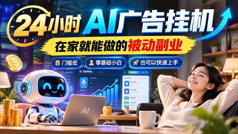 24小时AI广告挂机｜在家就能做的被动副业，门槛低，零基础小白也可以快速上手-禾谷轻创网