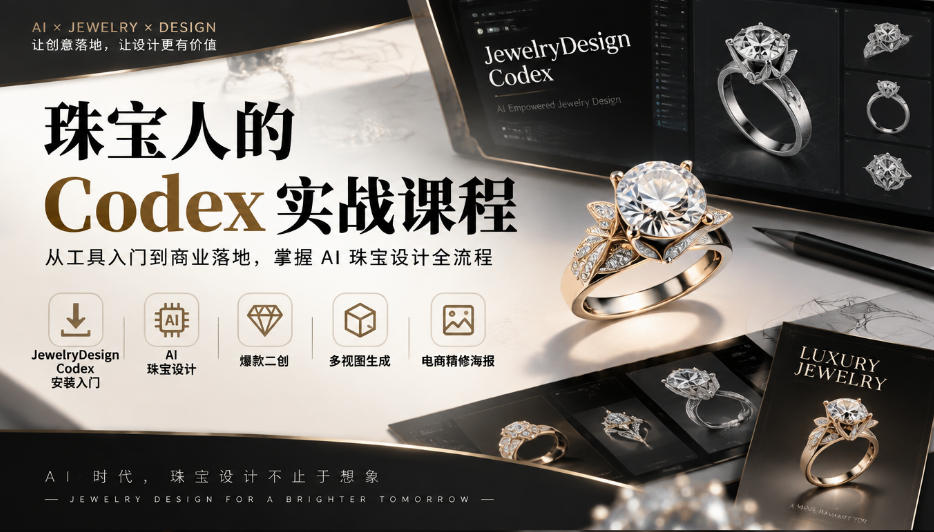 珠宝人的Codex实战课程｜JewelryDesign Codex安装入门、AI珠宝设计、爆款二创、多视图生成、电商精修海报全链路教学-禾谷轻创网
