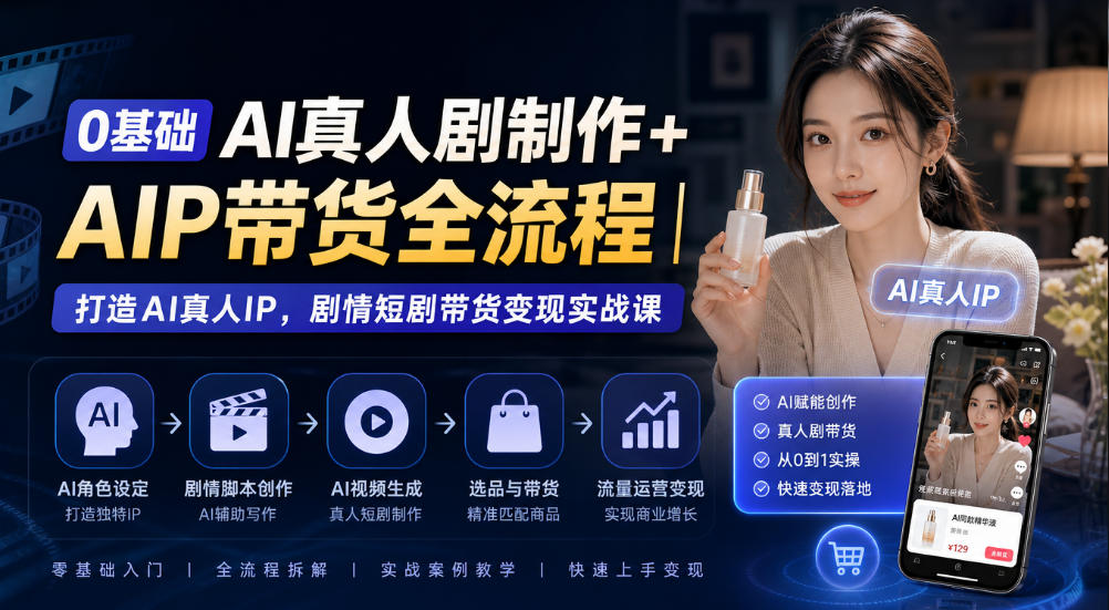 0基础AI真人剧制作+AIP带货全流程｜打造AI真人IP，剧情短剧带货变现实战课-禾谷轻创网