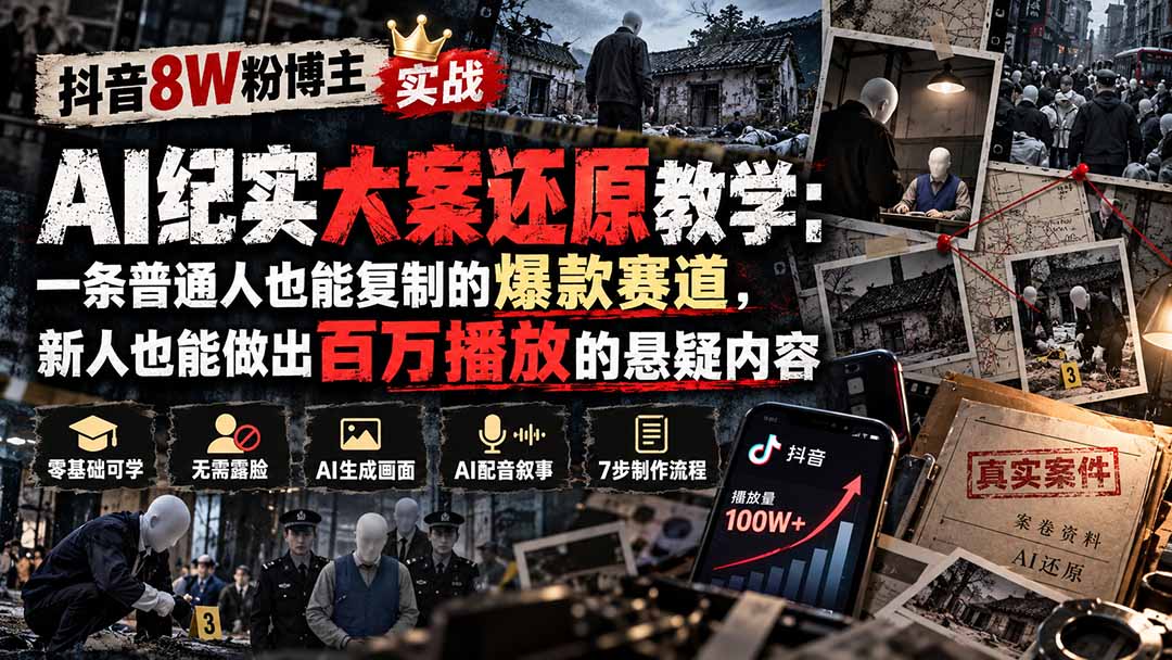 抖音8W粉博主AI纪实大案还原教学：一条普通人也能复制的爆款赛道，新人也能做出百万播放的悬疑内容-禾谷轻创网