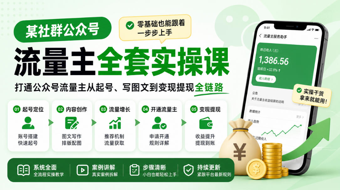 某社群公众号流量主全套实操课，零基础也能跟着一步步上手，打通公众号流量主从起号、写图文到变现提现全链路-禾谷轻创网