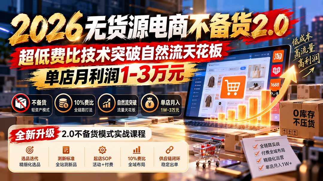 2026无货源电商不备货2.0【更新1019】：超低费比技术突破自然流天花板，单店月利润1-3万元-禾谷轻创网