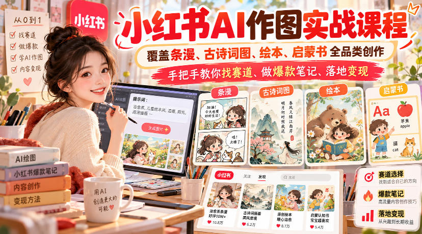 小红书AI作图实战课程，覆盖条漫、古诗词图、绘本、启蒙书全品类创作，手把手教你找赛道、做爆款笔记、落地变现(更新1017)-禾谷轻创网