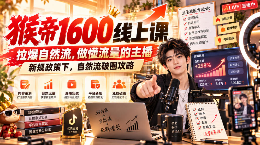 猴帝1600线上课，拉爆自然流，做懂流量的主播，新规政策下，自然流破圈攻略【更新261017】-禾谷轻创网
